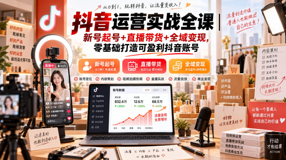 抖音运营实战全课｜新号起号+直播带货+全域变现，零基础打造可盈利抖音账号-heixxmi