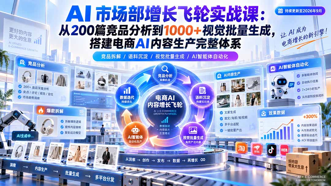 AI 市场部增长飞轮实战课：从200篇竞品分析到1000+视觉批量生成，搭建电商AI内容生产完整体系-heixxmi