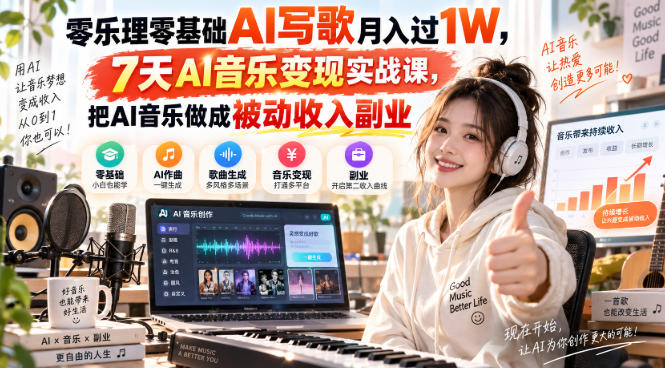 零乐理零基础AI写歌月入过1W，7天AI音乐变现实战课，把AI音乐做成被动收入副业-heixxmi