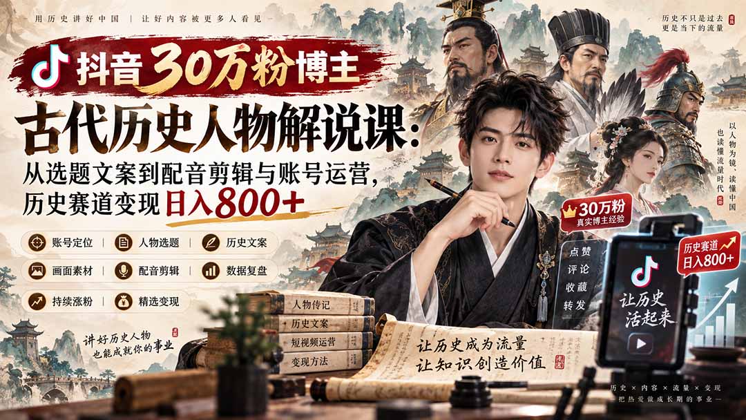 抖音30万粉博主古代历史人物解说课：从选题文案到配音剪辑与账号运营，历史赛道变现日入800+-heixxmi
