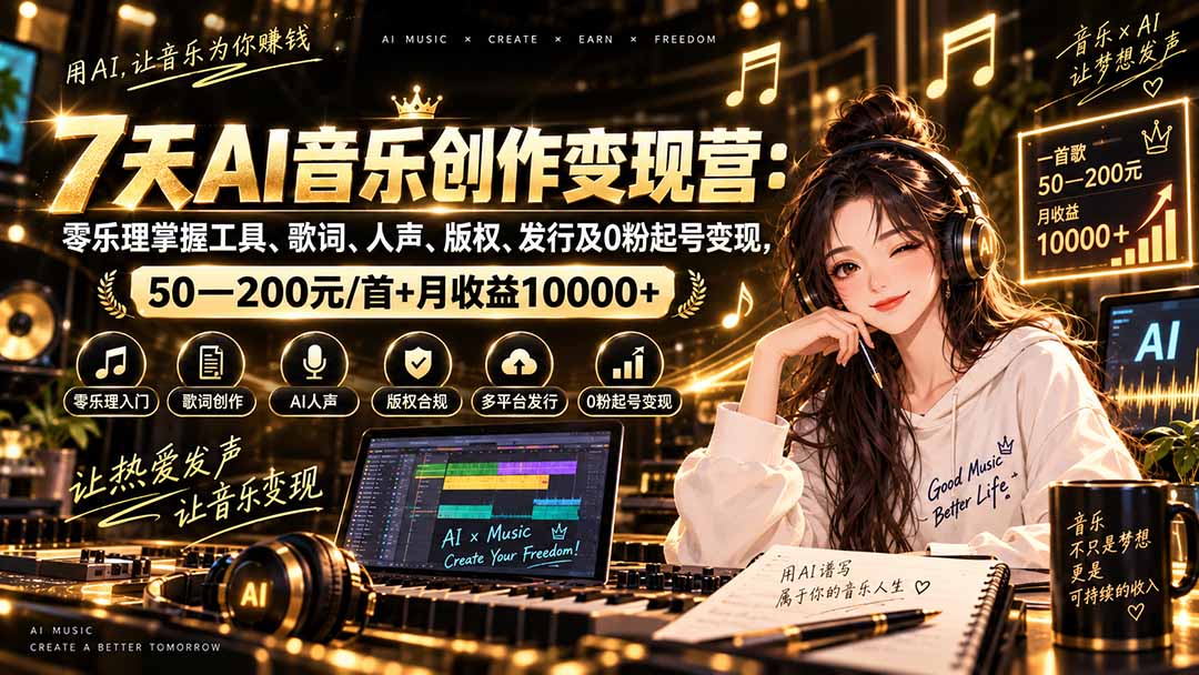 AI音乐创作变现营：零乐理掌握工具、歌词、人声、版权、发行及0粉起号变现，50—200元/首+月收益10000+-heixxmi