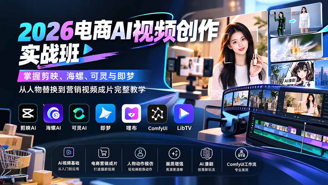 2026电商AI视频创作实战班：掌握剪映、海螺、可灵与即梦，从人物替换到营销视频成片完整教学-heixxmi