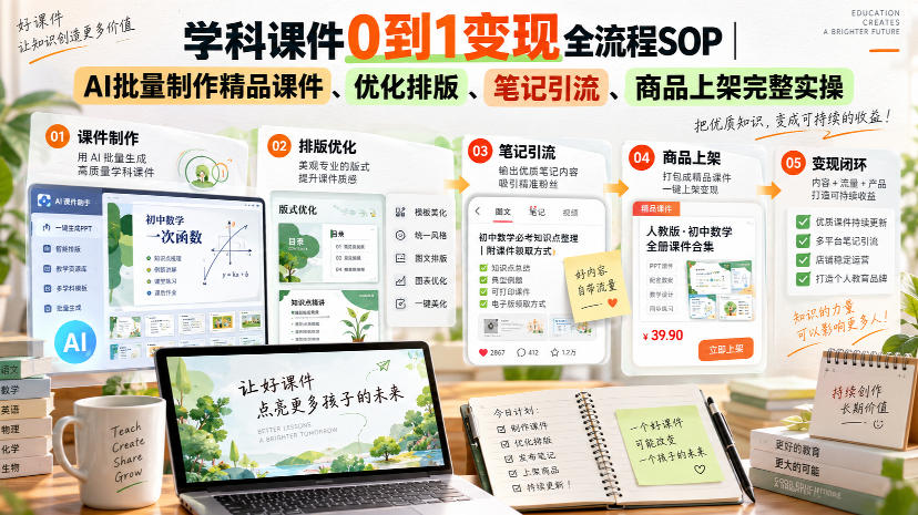 学科课件0到1变现全流程SOP｜AI批量制作精品课件、优化排版、笔记引流、商品上架完整实操​-heixxmi