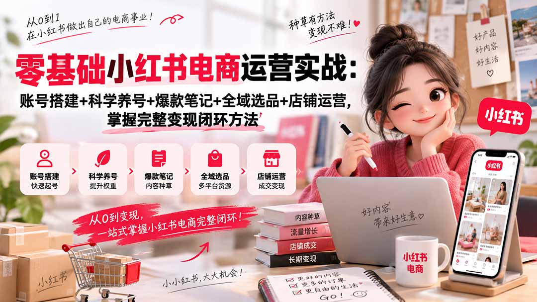 零基础小红书电商运营实战：账号搭建+科学养号+爆款笔记+全域选品+店铺运营，掌握完整变现闭环方法-heixxmi