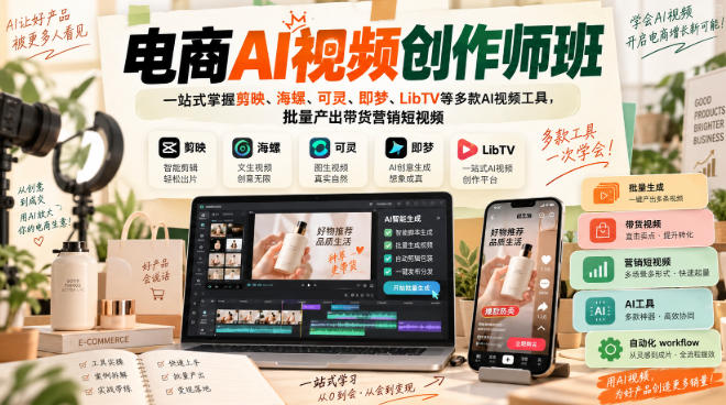 电商AI视频创作师班，一站式掌握剪映、海螺、可灵、即梦、LibTV等多款AI视频工具，批量产出带货营销短视频-heixxmi