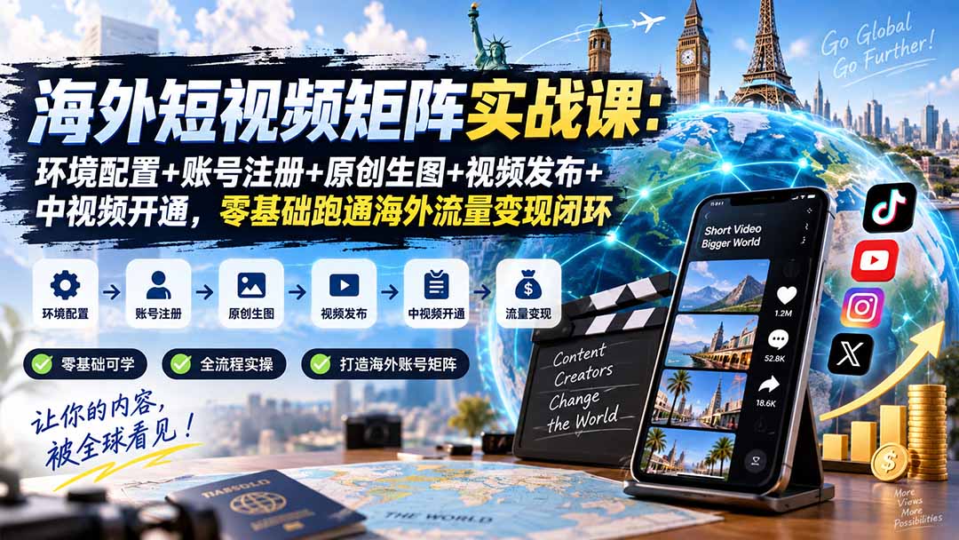 海外短视频矩阵实战课：环境配置+账号注册+原创生图+视频发布+中视频开通，零基础跑通海外流量变现闭环-heixxmi