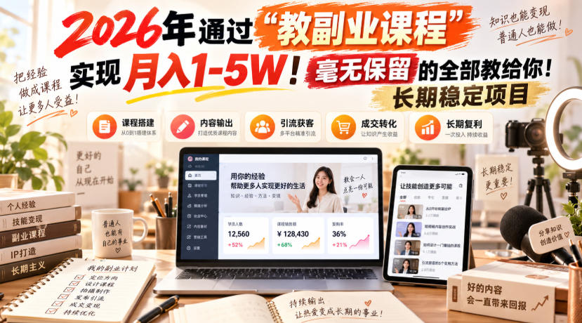 2026年通过“教副业课程”实现月入1-5W！毫无保留的全部教给你！长期稳定项目-heixxmi