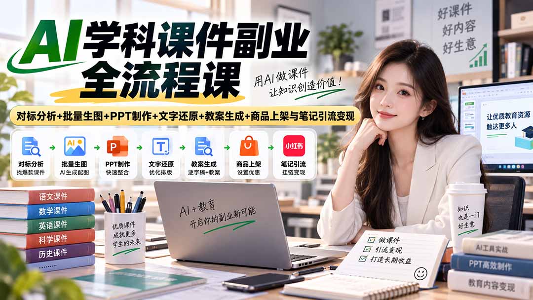 AI学科课件副业全流程课｜对标分析+批量生图+PPT制作+文字还原+教案生成+商品上架与笔记引流变现-heixxmi