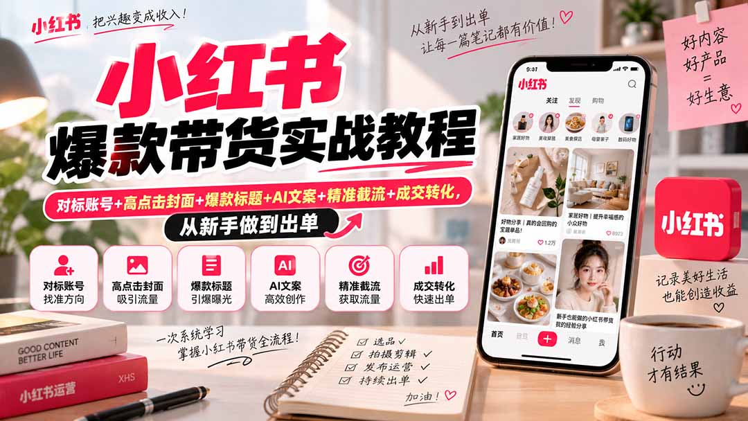 小红书爆款带货实战教程｜对标账号+高点击封面+爆款标题+AI文案+精准截流+成交转化，从新手做到出单-heixxmi
