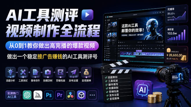 AI工具测评视频制作全流程，从0到1教你做出高完播的爆款视频，做出一个稳定接广告賺钱的AI工具测评号-heixxmi