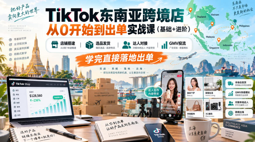 TikTok东南亚跨境店从0开始到出单实战课(基础+进阶)，店铺搭建、选品发货、达人对接、GMV投流，学完直接落地出单-heixxmi