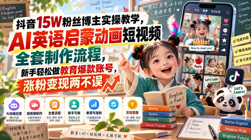 抖音15W粉丝博主实操教学，AI英语启蒙动画短视频全套制作流程，新手轻松做教育爆款账号，涨粉变现两不误-heixxmi