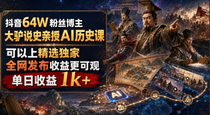 抖音64W粉丝博主大驴说史亲授AI历史课，可以上精选独家，全网发布收益更可观，单日收益1k+(更新)-heixxmi