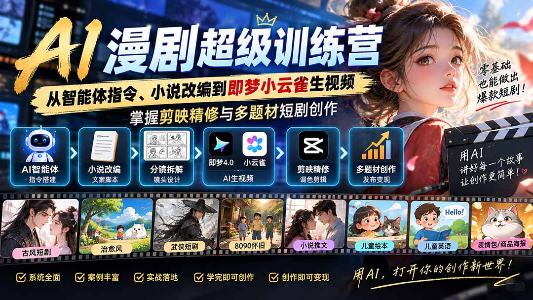 AI漫剧超级特训营：从智能体指令、小说改编到即梦小云雀生视频，掌握剪映精修与多题材短剧创作-heixxmi