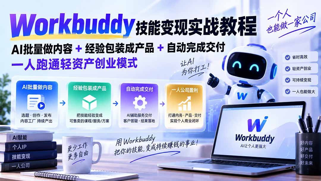 Workbuddy技能变现实战教程：AI批量做内容+经验包装成产品+自动完成交付，一人跑通轻资产创业模式-heixxmi