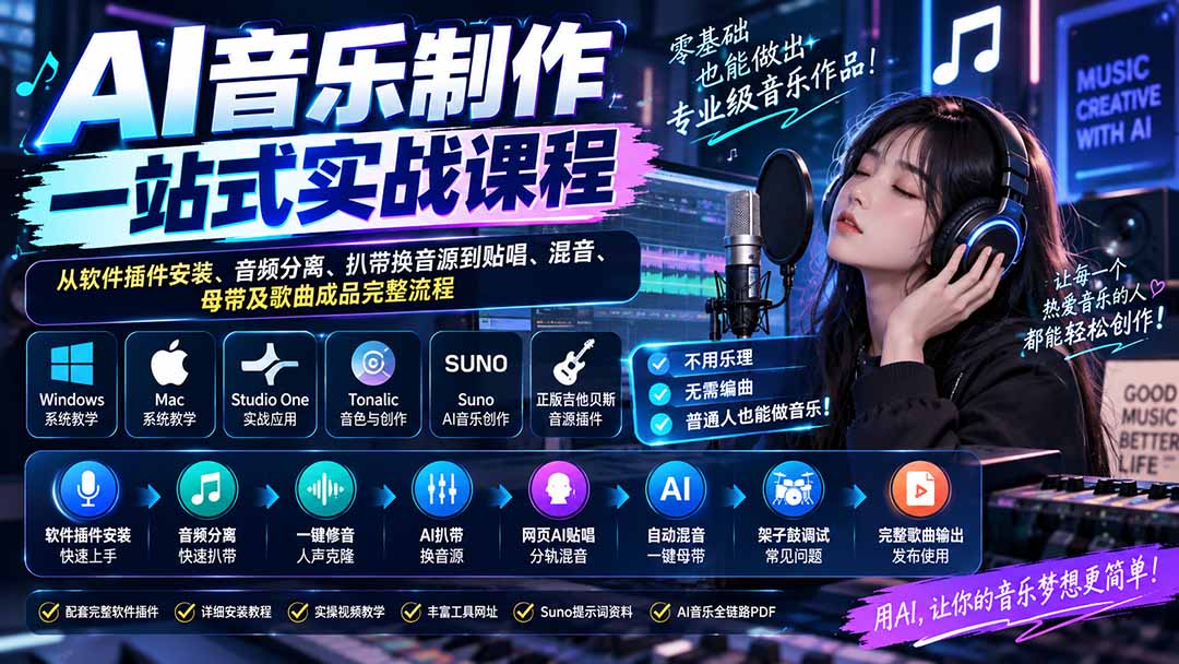 AI音乐制作一站式实战课程：从软件插件安装、音频分离、扒带换音源到贴唱、混音、母带及歌曲成品完整流程-heixxmi
