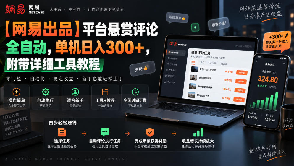 【网易出品】平台悬赏评论全自动，单机日入300+，附带详细工具教程【揭秘】-heixxmi