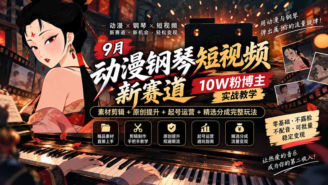 9月动漫钢琴短视频新赛道｜10W粉博主实战教学，素材剪辑+原创提升+起号运营+精选分成完整玩法-heixxmi