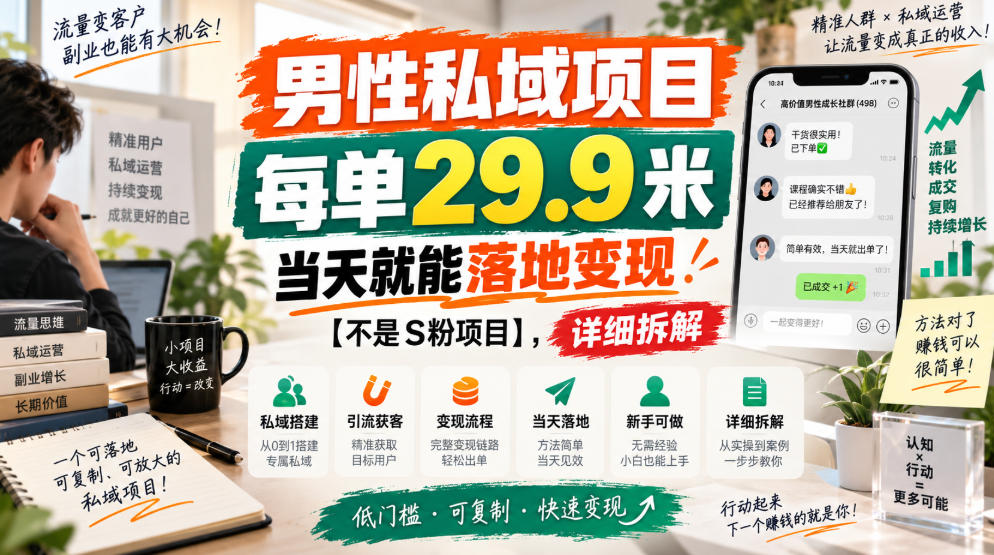 男性私域项目,每单29.9米,当天就能落地变现【不是S粉项目】,详细拆解