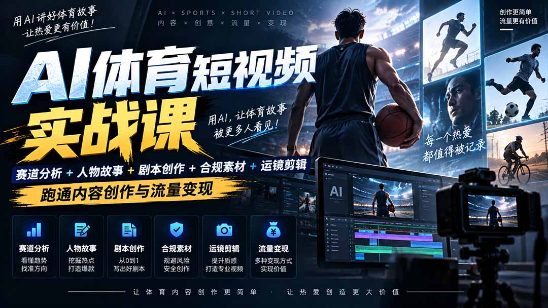 AI体育短视频赛道顶级玩法｜赛道分析+人物故事+剧本创作+版权处理+运镜剪辑，跑通流量变现-日赚1K+-heixxmi