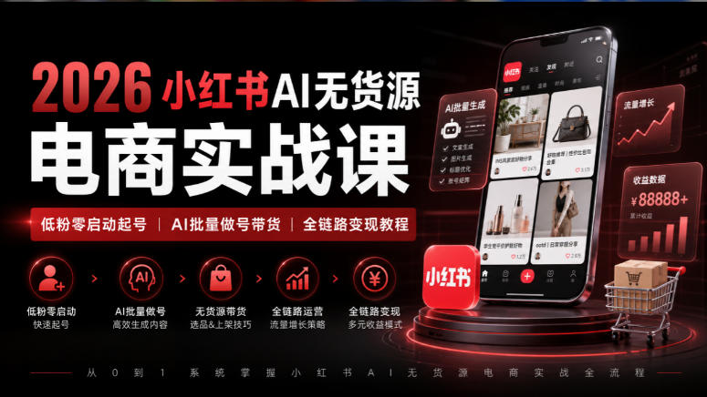 2026小红书AI无货源电商实战课｜低粉零启动起号｜AI批量做号带货全链路变现教程-heixxmi