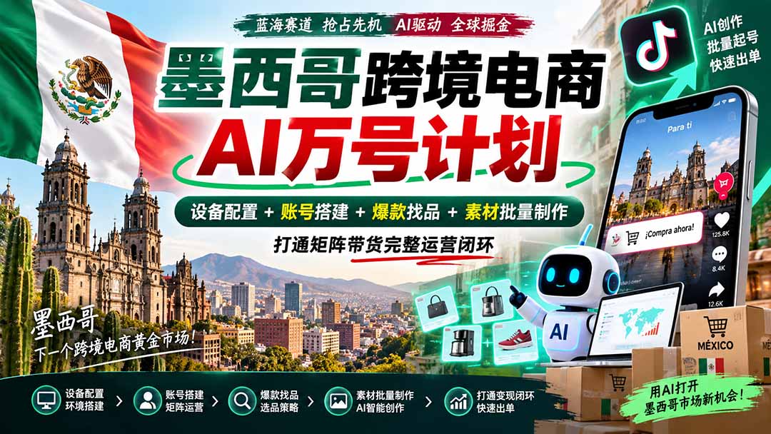 墨西哥AI跨境电商万号计划｜设备配置+账号搭建+爆款找品+素材批量制作，打通矩阵带货完整运营闭环-heixxmi