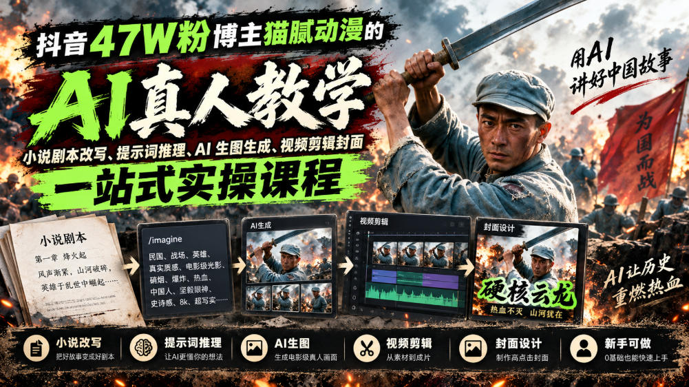 抖音47W粉博主猫腻动漫的AI真人漫剧教学，小说剧本改写、提示词推理、AI生图生成、视频剪辑封面一站式实操课程-heixxmi