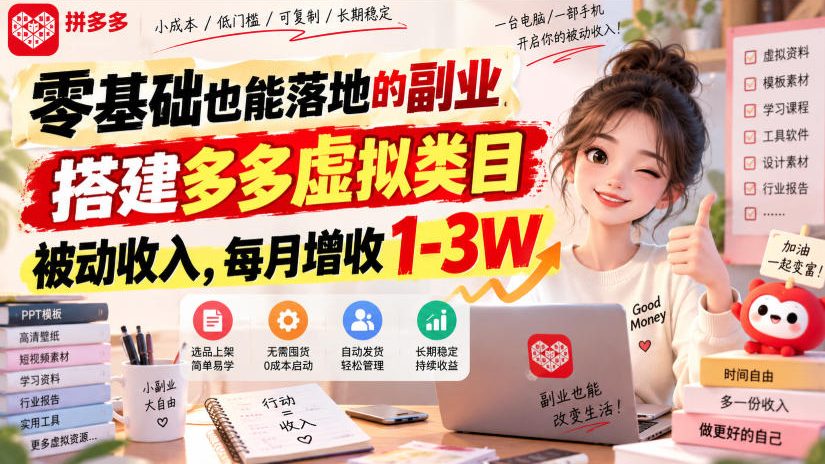 零基础也能落地的副业，搭建多多虚拟类目被动收入，每月增收1-3W【揭秘】-heixxmi