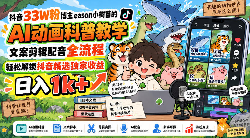 抖音33W粉博主eason小树苗的AI动画科普教学，文案剪辑配音全流程，轻松解锁抖音精选独家收益，日入1k+-heixxmi