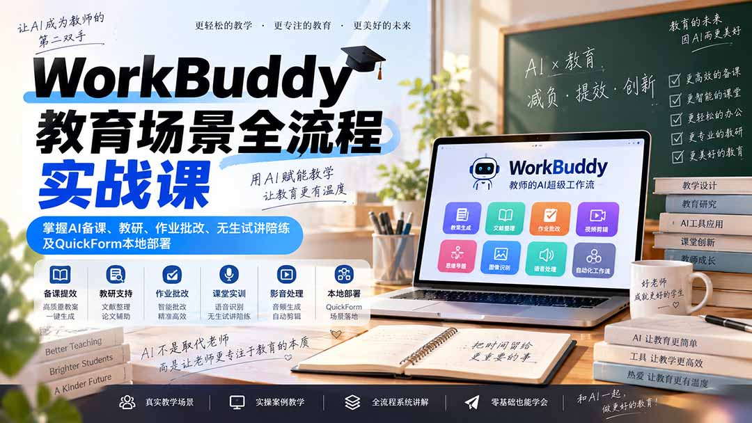 WorkBuddy教育场景全流程实战课：掌握AI备课、教研、作业批改、无生试讲陪练及QuickForm本地部署-heixxmi