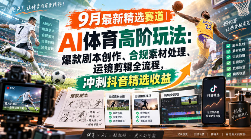 某大佬的9月最新精选赛道之AI体育顶级玩法，爆款剧本创作、版权规避、运镜剪辑全流程，稳拿抖音精选收益-heixxmi