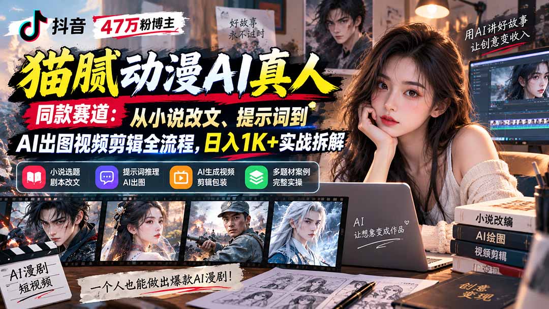 抖音47万粉博主猫腻动漫AI真人同款赛道：从小说改文、提示词到AI出图视频剪辑全流程，日入1K+实战拆解-heixxmi