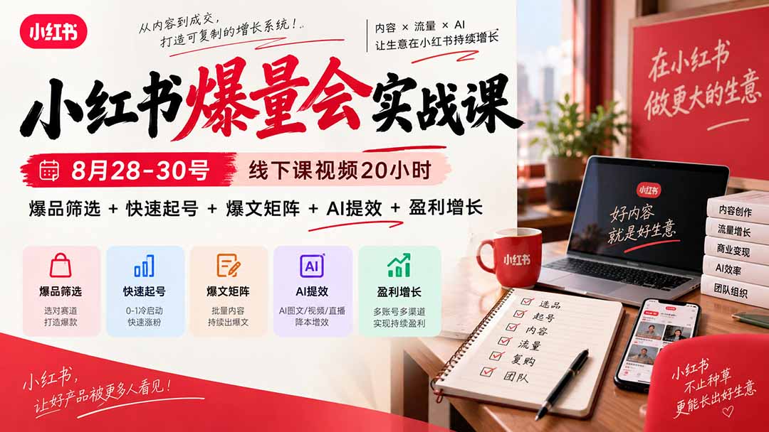 小红书爆量会实战课-更新9月17：线下课视频20小时，爆品筛选+快速起号+爆文矩阵+AI提效+盈利增长-heixxmi