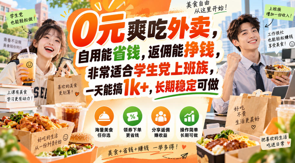0元爽吃外卖，自用能省钱，返佣能挣钱，非常适合学生党上班族，一天能搞1k+，长期稳定可做-heixxmi