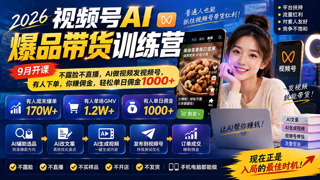 图片[1]-2026视频号AI爆品带货训练营-9月开课｜不露脸不直播，AI做视频发视频号，有人下单，你赚佣金，轻松单日佣金1000+-heixxmi