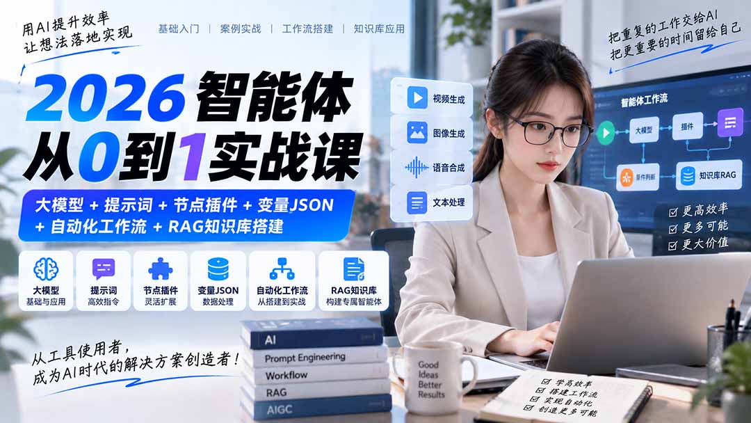 2026智能体从0到1实战课｜大模型+提示词+节点插件+变量JSON+自动化工作流+RAG知识库搭建-heixxmi