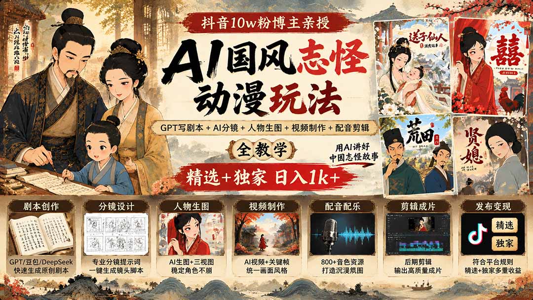 抖音10w粉博主亲授AI国风志怪动漫玩法｜GPT写剧本+AI分镜+人物生图+视频制作+配音剪辑全教学｜精选+独家日入1k+-heixxmi
