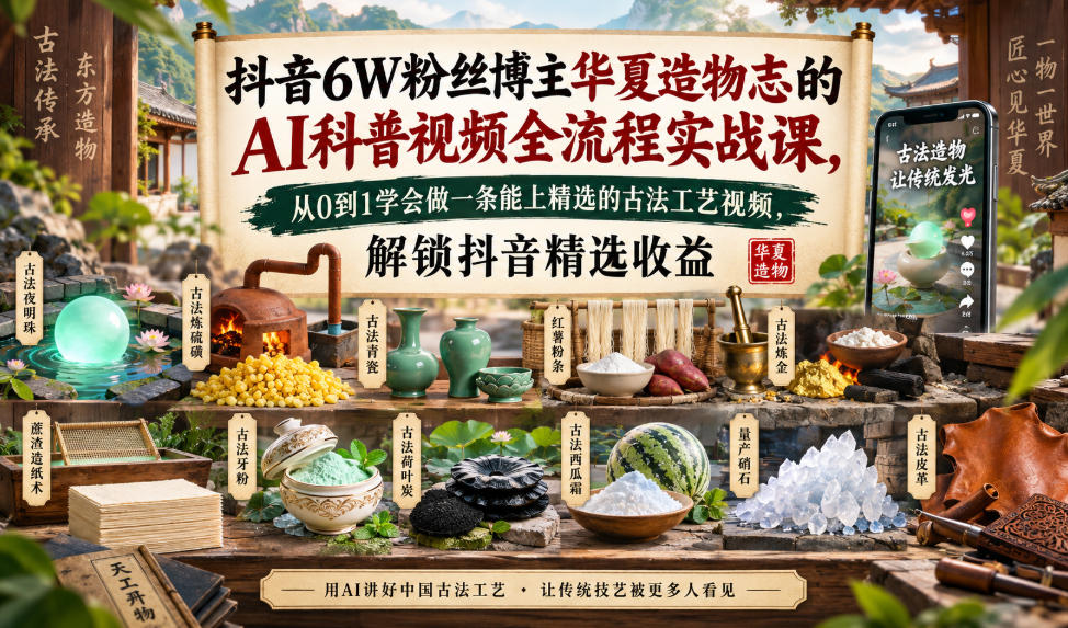 抖音6W粉丝博主华夏造物志的AI科普视频全流程实战课，从0到1学会做一条能上精选的古法工艺视频，解锁抖音精选收益-heixxmi