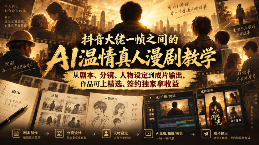 抖音大佬一帧之间的AI温情真人漫剧教学，从剧本、分镜、人物设定到成片输出，作品可上精选、签约独家拿收益-heixxmi