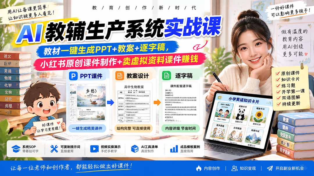 AI教辅生产系统实战课｜教材一键生成PPT+教案+逐字稿，小红书原创课件制作+卖虚拟资料课件赚钱-heixxmi