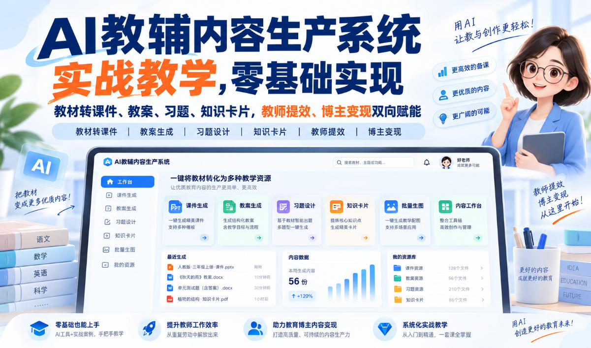AI教辅内容生产系统实战教学，零基础实现教材转课件、教案、习题、知识卡片，教师提效、博主变现双向赋能-heixxmi
