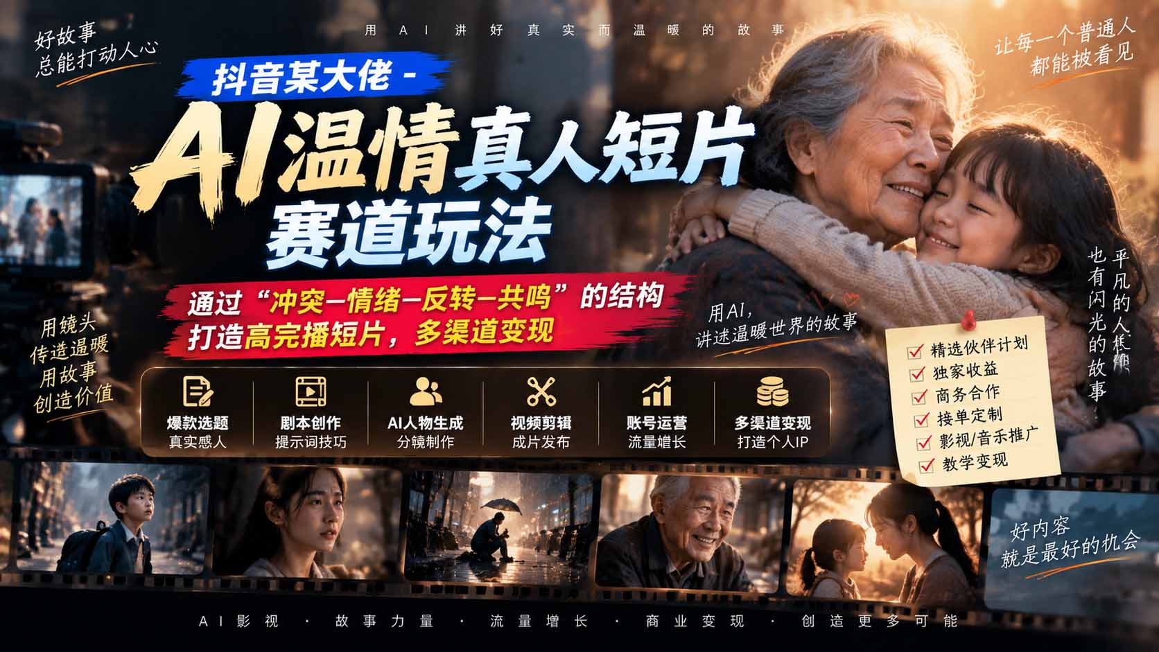 抖音某大佬-AI温情真人短片赛道玩法：通过“冲突—情绪—反转—共鸣”的结构打造高完播短片，多渠道变现-heixxmi