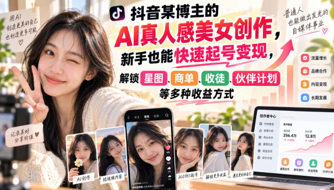 抖音某博主的AI真人感美女创作，新手也能快速起号变现，解锁星图，商单，收徒，伙伴计划等多种收益方式-heixxmi