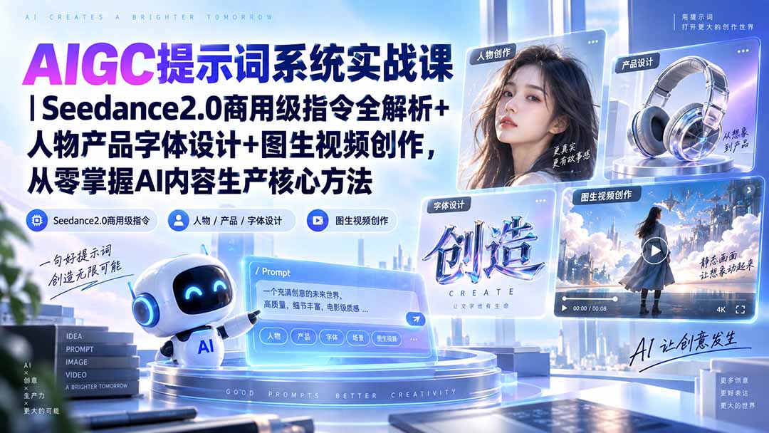 AIGC提示词系统实战课-无水印｜Seedance2.0商用级指令全解析+人物产品字体设计+图生视频创作，掌握AI内容生产方法-heixxmi