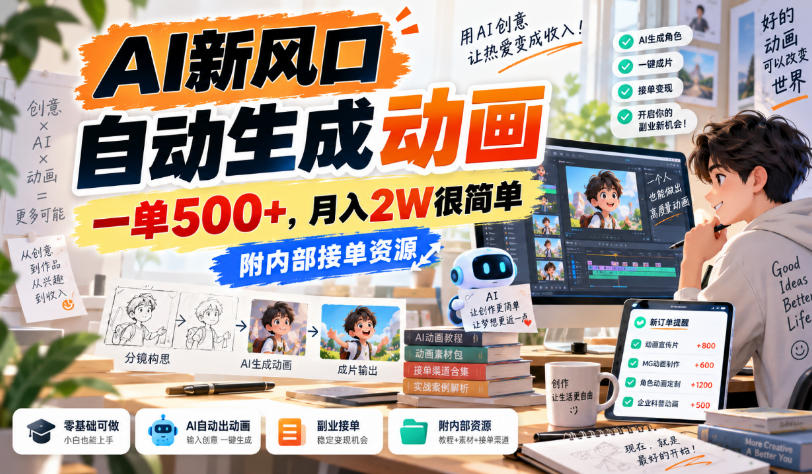 AI新风口，自动生成动画，一单500+，月入2W很简单，附内部接单资源【揭秘】-heixxmi