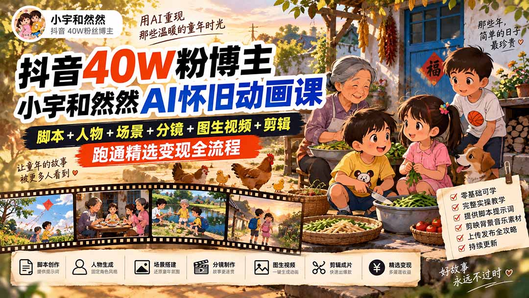抖音40W粉博主小宇和然然AI怀旧动画课｜脚本+人物+场景+分镜+图生视频+剪辑，跑通精选变现全流程-heixxmi