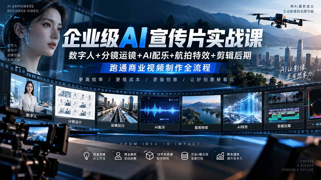 企业级AI宣传片实战课｜数字人+分镜运镜+AI配乐+航拍特效+剪辑后期，跑通商业视频制作全流程-heixxmi