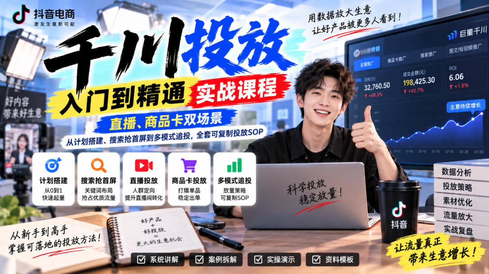 千川投放入门到精通实战课程，直播、商品卡双场景，从计划搭建、搜索抢首屏到多模式追投，全套可复制投放SOP-heixxmi