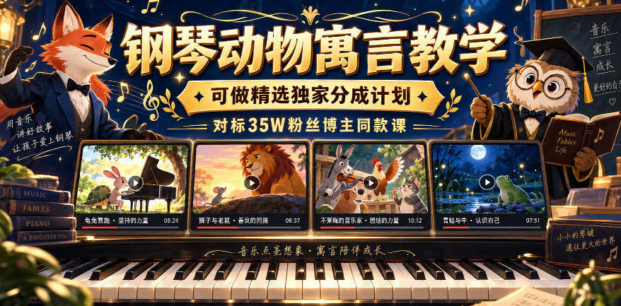 钢琴动物寓言教学，可做精选独家分成计划，对标35W粉丝博主同款课-heixxmi