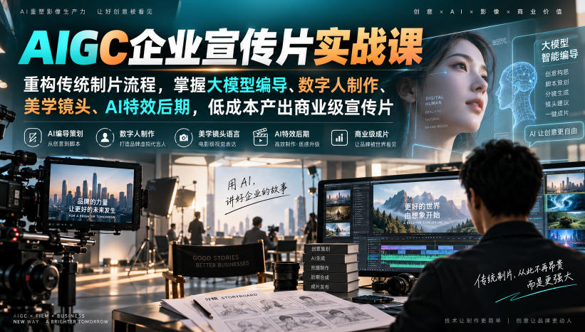 AIGC企业宣传片实战课，重构传统制片流程，掌握大模型编导、数字人制作、美学镜头、AI特效后期，低成本产出商业级宣传片-heixxmi